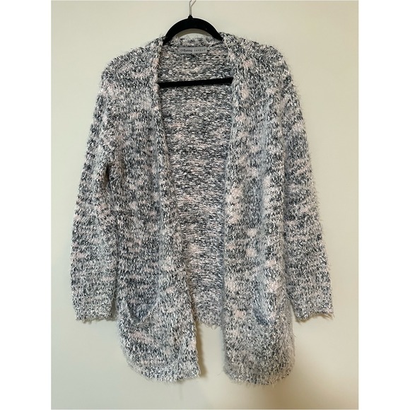 Absolutely Famous Sweaters - Cozy Winter Absolutely Famous Cardigan L Gray White Fuzzy Open Front Pockets